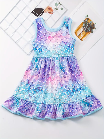 Girls' Summer Delight: Durable & Stretchy Fish Scale Gradient Dress with Ruffle Hem - Perfect for Parties & Holidays