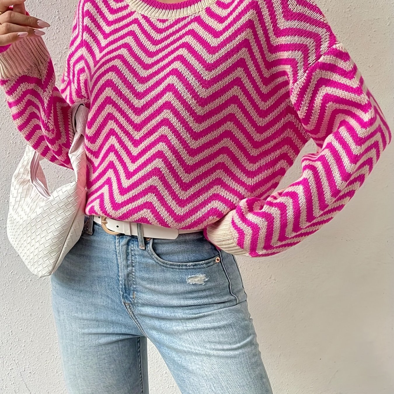 Antmvs Striped Crew Neck Knitted Sweater, Cute Long Sleeve Drop Shoulder Sweater, Women's Clothing
