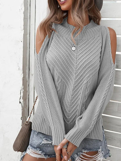 Antmvs Solid Cold Shoulder Knitted Sweater, Long Sleeve Casual Sweater For Winter & Fall, Women's Clothing