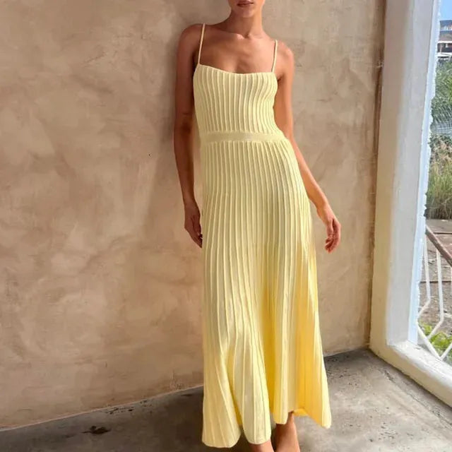 Knitted Pleated Long Dress High Waist Midi Sling Elegant Sleeveless Yellow Women Streetwear Black Bodycon 240226