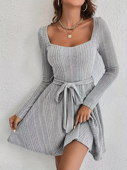 Antmvs Long Sleeve Ribbed Knit Dress, Casual Tie-waist Square Neck Dress For Spring & Fall, Women's Clothing