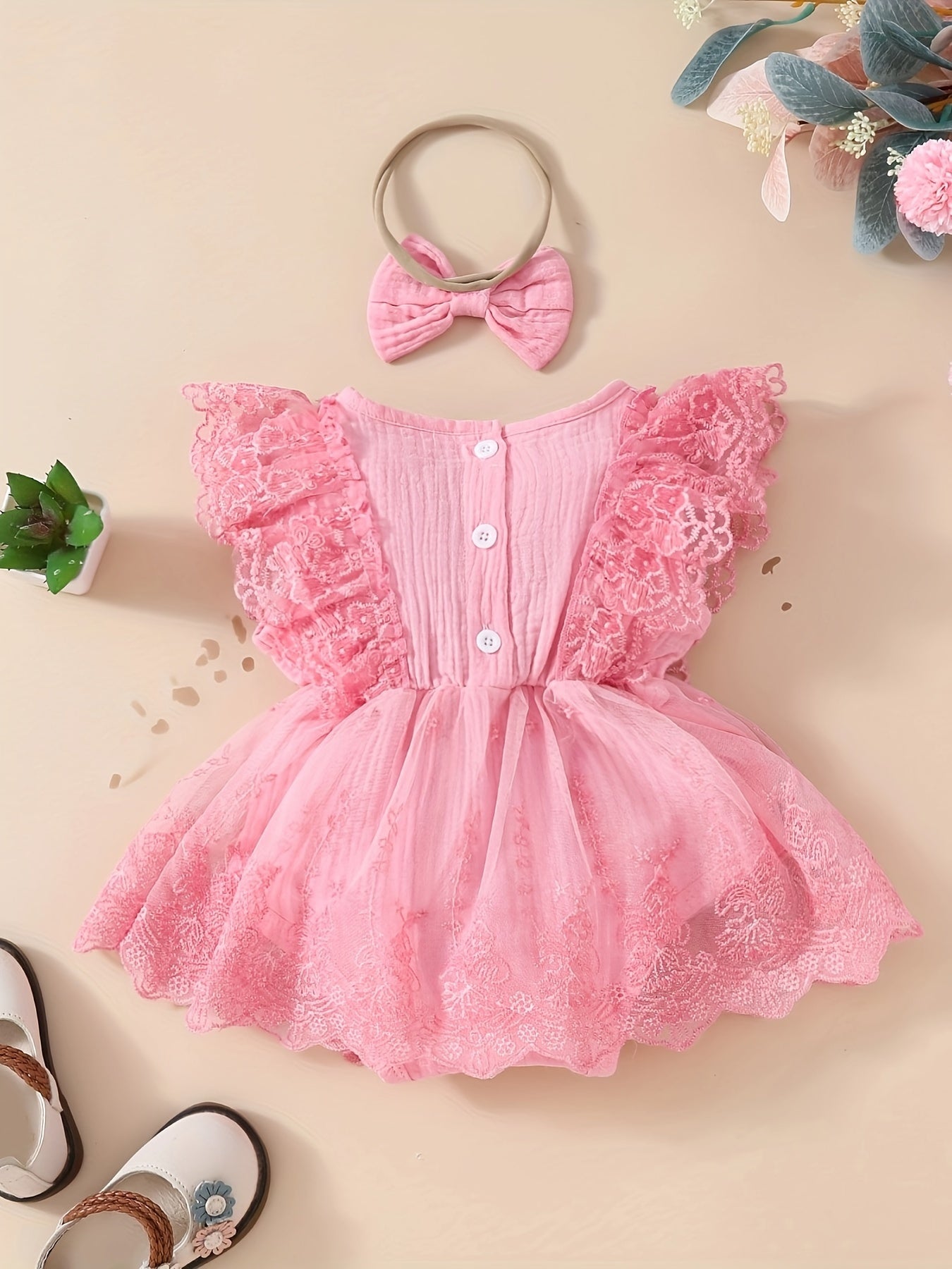 Baby's Lace Flower Embroidered Mesh Muslin Dress, Solid Color Lovely Sleeveless Dress, Infant & Toddler Girl's Clothing For Summer