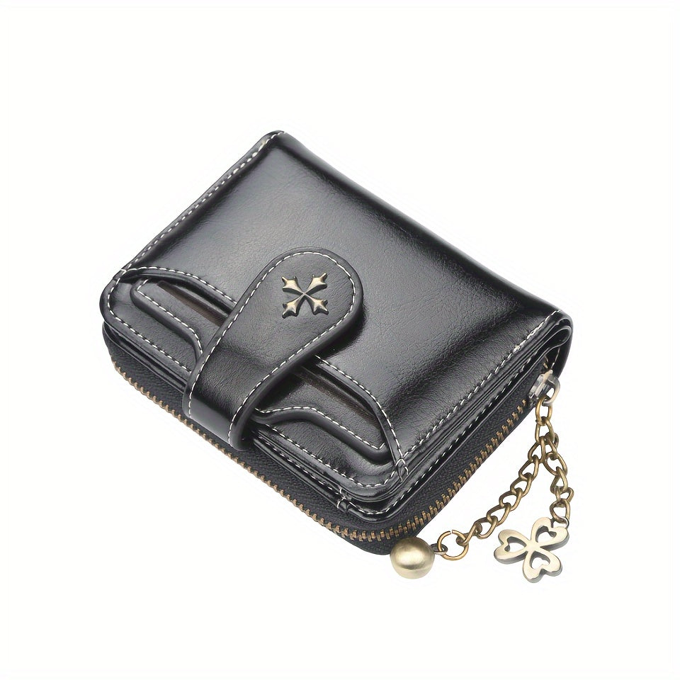 Women's Fashion Wallet With Snap Button Closure, Vintage Style, PU Leather, Zipper Coin Purse With Chain Keyring