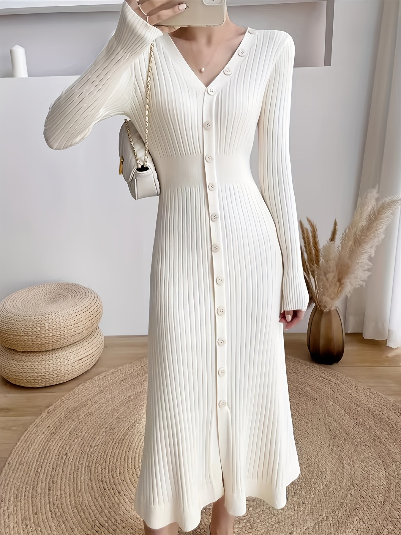 Antmvs Button Front Ribbed Dress, Elegant V Neck Long Sleeve Dress, Women's Clothing