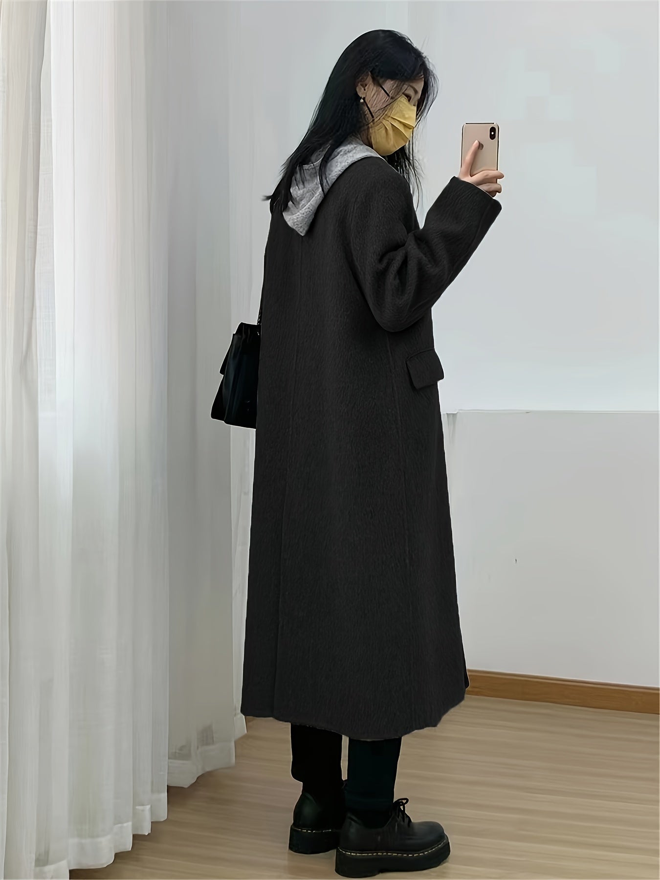 Antmvs Notched Collar Double-breasted Coat, Casual Long Sleeve Midi Overcoat For Fall & Winter, Women's Clothing