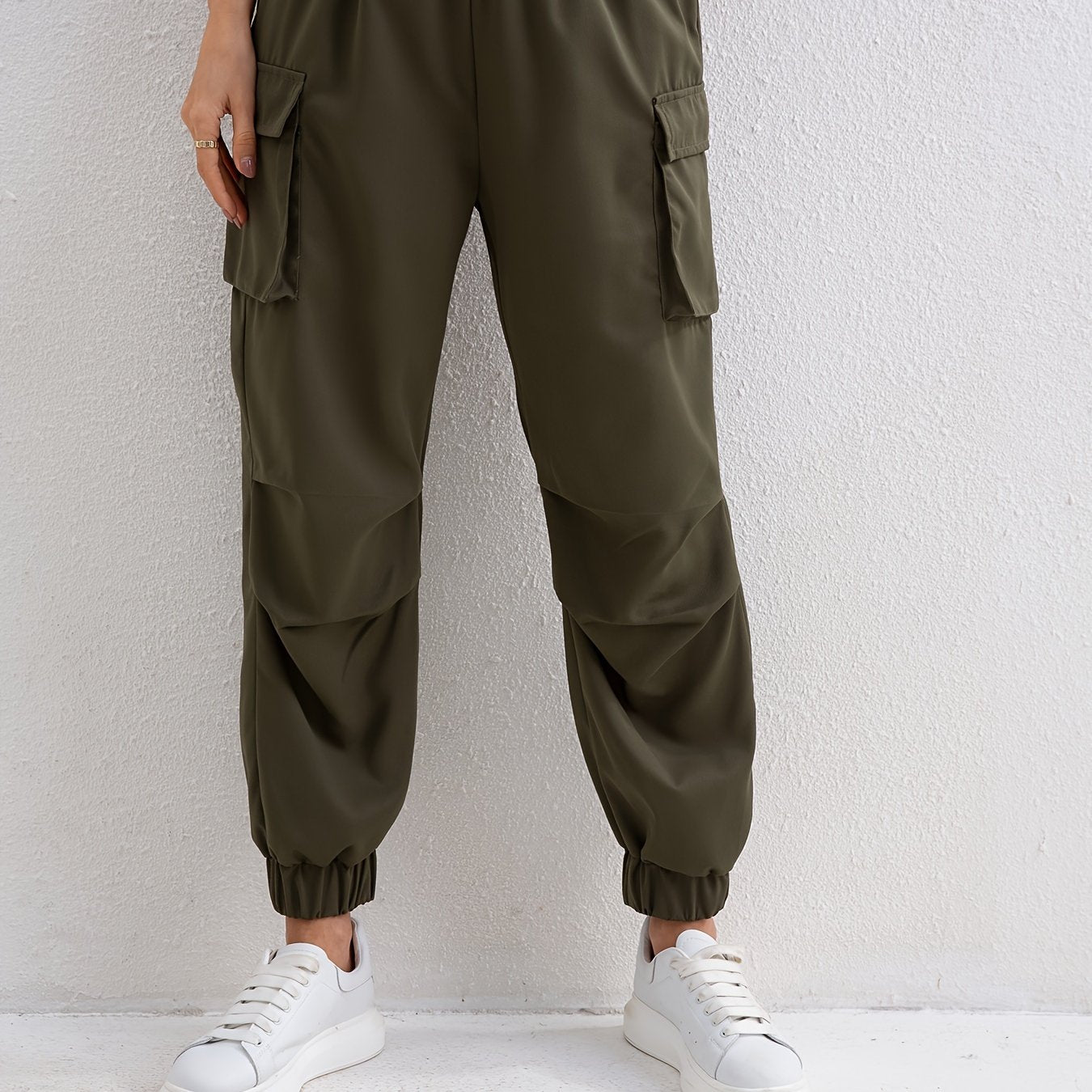 Antmvs Women's Elastic Waist Casual Cargo Joggers Pants With Pockets, Solid Color Pocket Running Overalls, Women's Athleisure