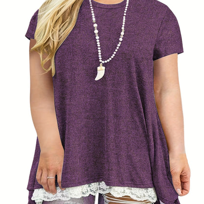 Antmvs Plus Size Casual T-shirt, Women's Plus Contrast Lace Short Sleeve Round Neck T-shirt