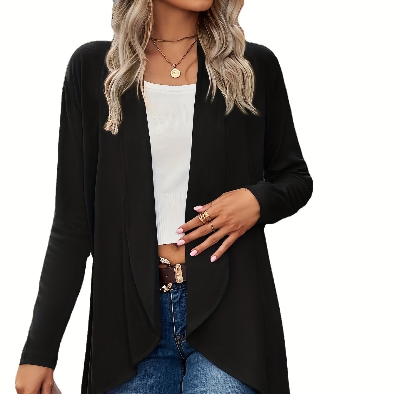 Antmvs Plus Size Casual Coat, Women's Plus Solid Long Sleeve Shawl Collar Open Front Cardigan