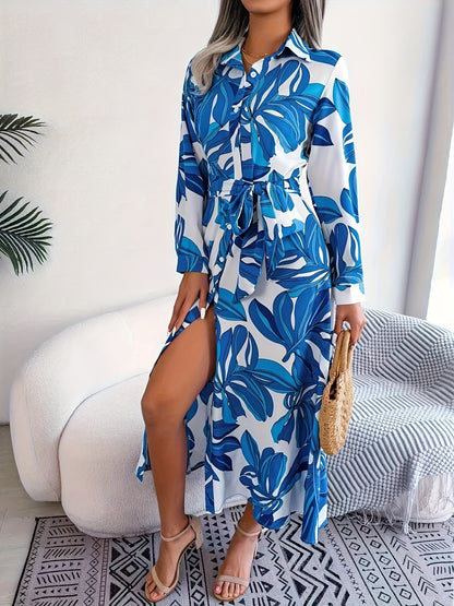 Antmvs Floral Print Button Front Dress, Elegant Long Sleeve Midi Dress, Women's Clothing