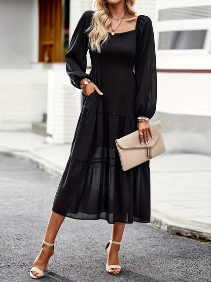 Antmvs Tiered Solid Dress, Elegant Squared Neck Long Sleeve Dress, Women's Clothing
