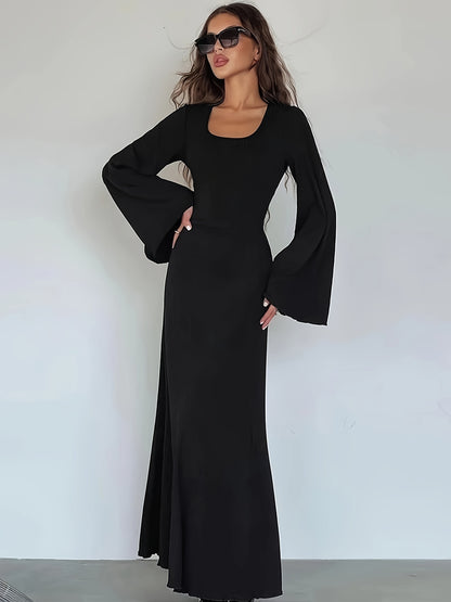 Antmvs Solid Flared Long Sleeve Dress, Casual Squared Neck Maxi Dress, Women's Clothing