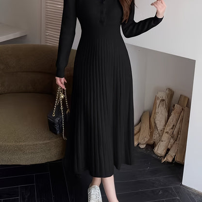 Antmvs Ribbed Solid Sweater Dress, Casual V Neck Long Sleeve Midi Dress, Women's Clothing