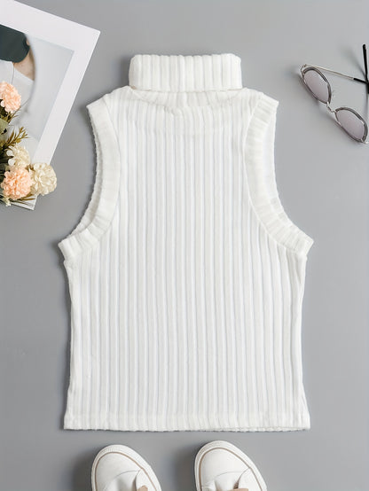 Antmvs Rib Knit High Neck Sweater Knitted Top, Sleeveless Casual Tank Top, Women's Clothing