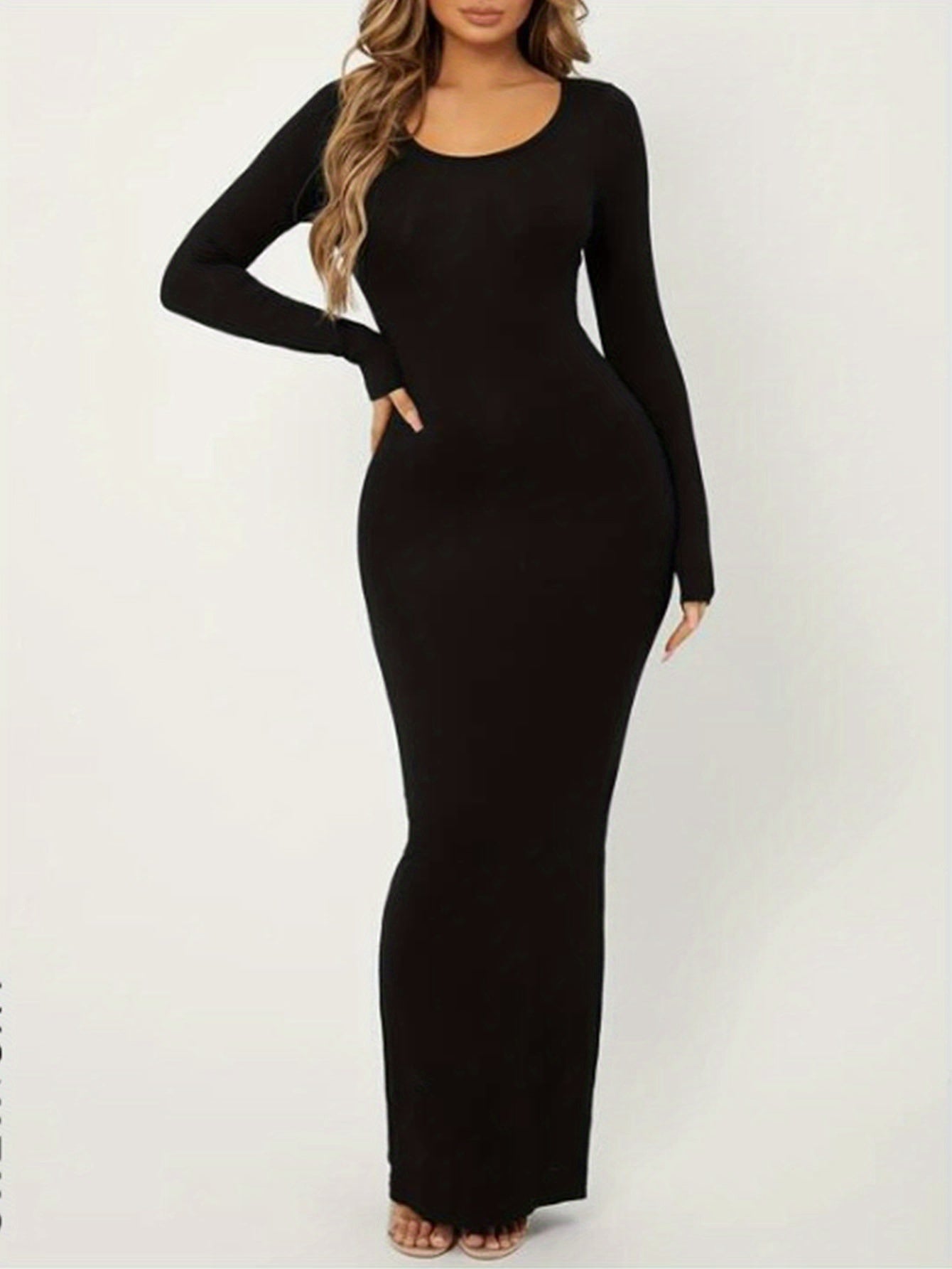 Antmvs Solid Crew Neck Dress, Elegant Long Sleeve Long Length Bodycon Dress, Women's Clothing