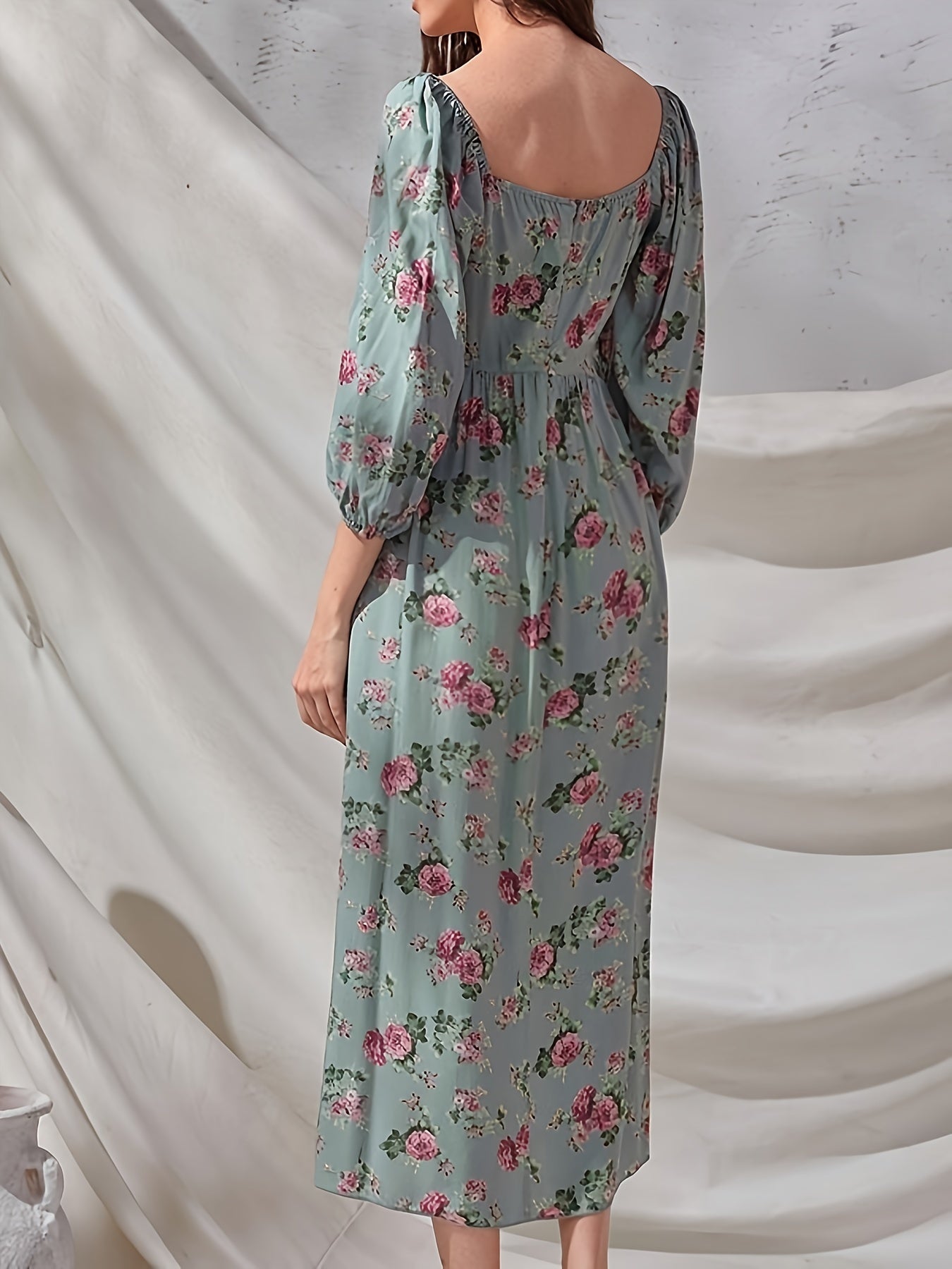 Antmvs Floral Print Squared Neck 3/4 Sleeve Dress, Elegant High Waist Ruffled Hem Maxi Dress, Women's Clothing