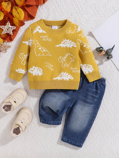 2pcs Baby Boys Cotton Dinosaur Print Long Sleeve Sweater & Elastic Denim Trousers, Comfortable & Warm Clothes For Fall Winter