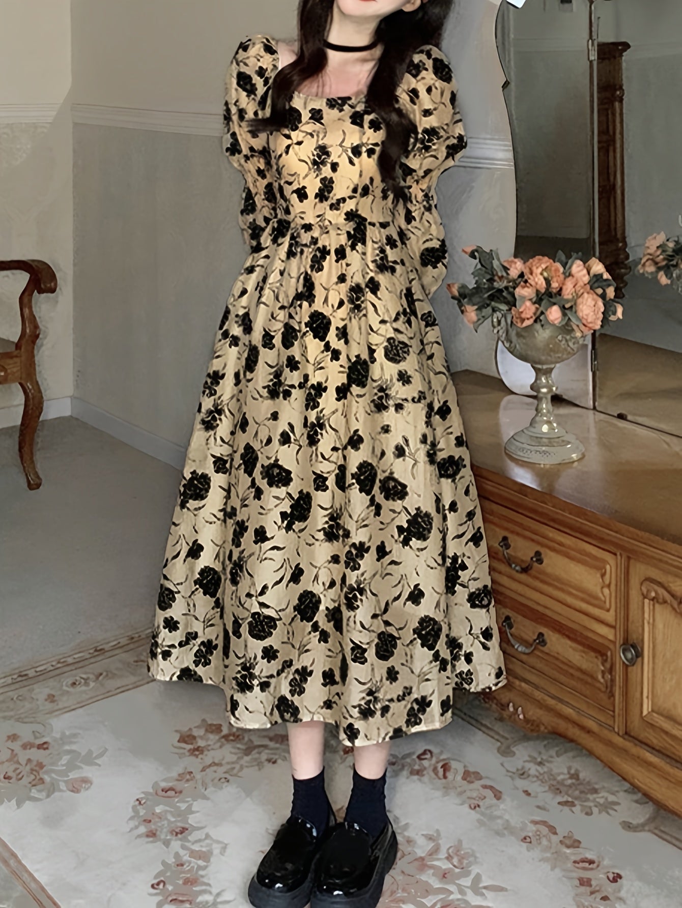 Antmvs Floral Print Square Neck Dress, Elegant Long Sleeve Dress For Spring & Fall, Women's Clothing