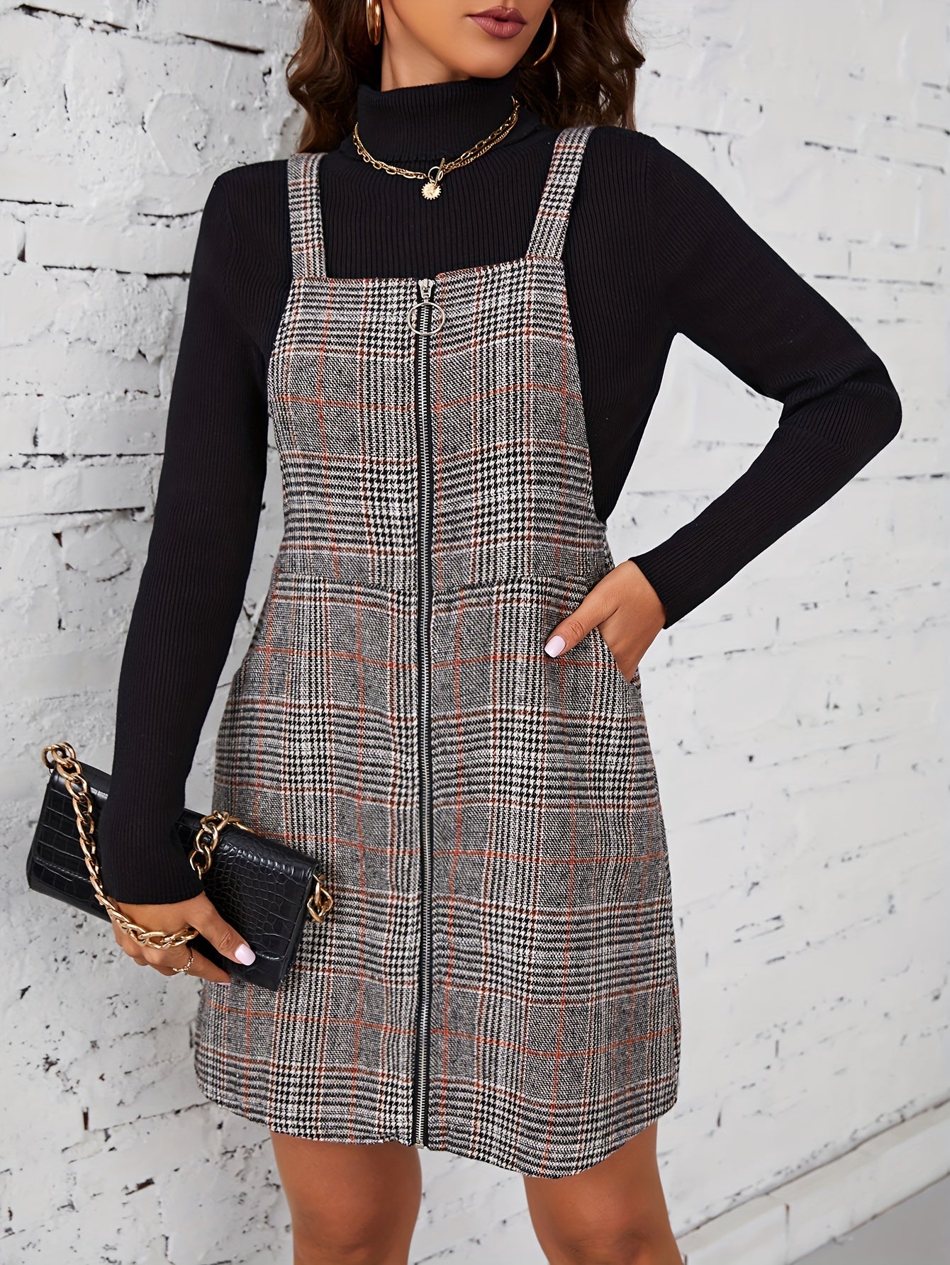 Antmvs Plaid Print Overall Dress, Casual Zipper Bodycon Dress With Pockets, Women's Clothing