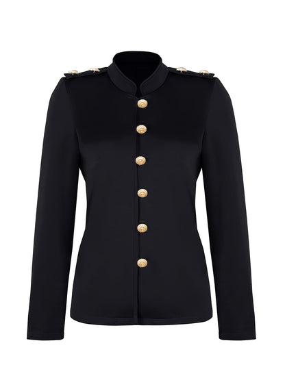 Antmvs Plus Size Elegant Coat, Women's Plus Solid Button Up Long Sleeve Stand Collar Coat