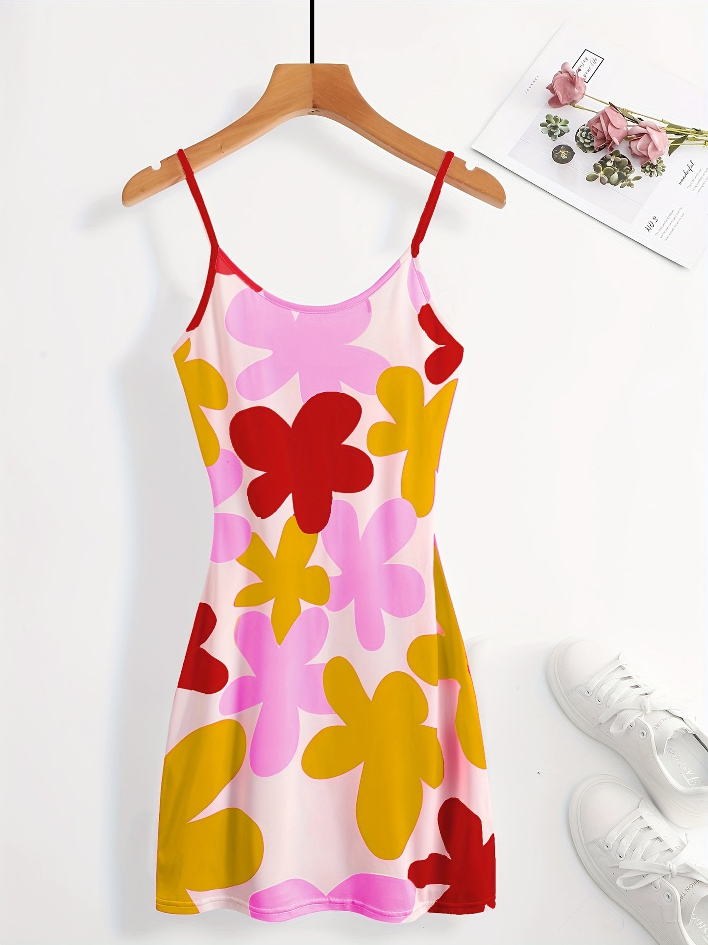 Antmvs Floral Print Bodycon Cami Dress, Sexy Backless Spaghetti Dress, Women's Clothing