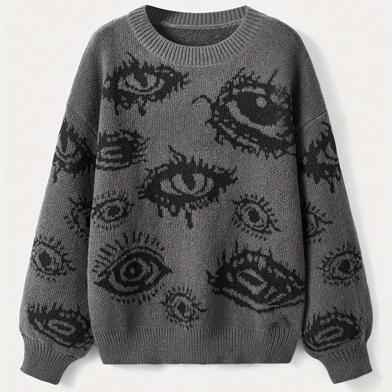 Antmvs Eye Pattern Crew Neck Sweater, Y2K Long Sleeve Pullover Sweater, Women's Clothing