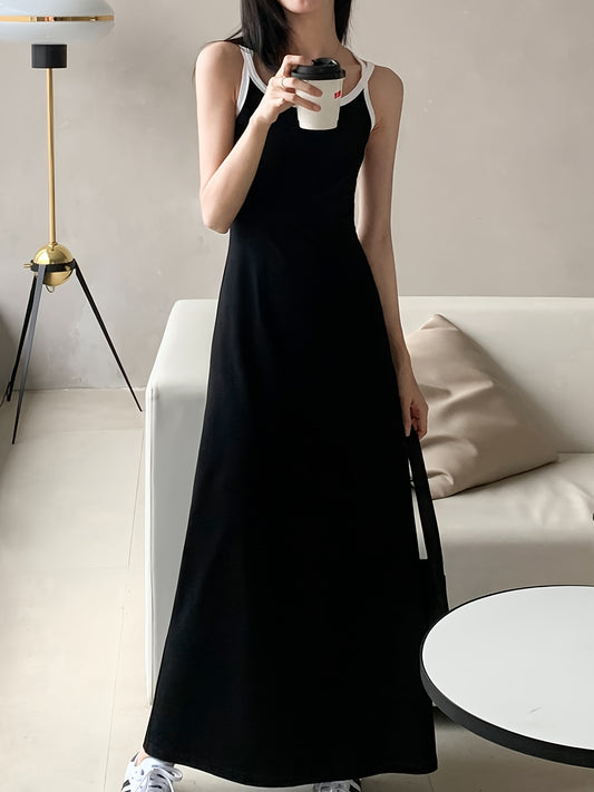 Antmvs Backless Contrast Trim Dress, Casual Crew Neck Sleeveless Maxi Dress, Women's Clothing