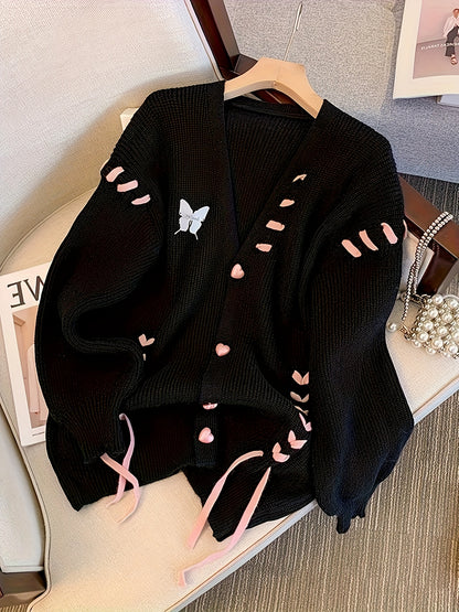 Antmvs Lace Up Button Down Knit Cardigan, Casual Long Sleeve Loose Sweater, Women's Clothing