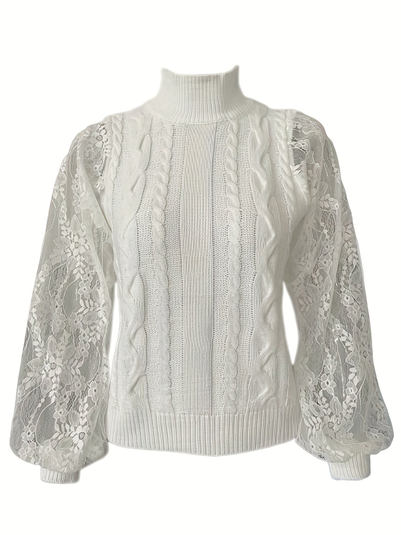 Antmvs Lace Sleeve Cable Knitted Sweater, Elegant Turtle Neck Sweater For Fall & Winter, Women's Clothing
