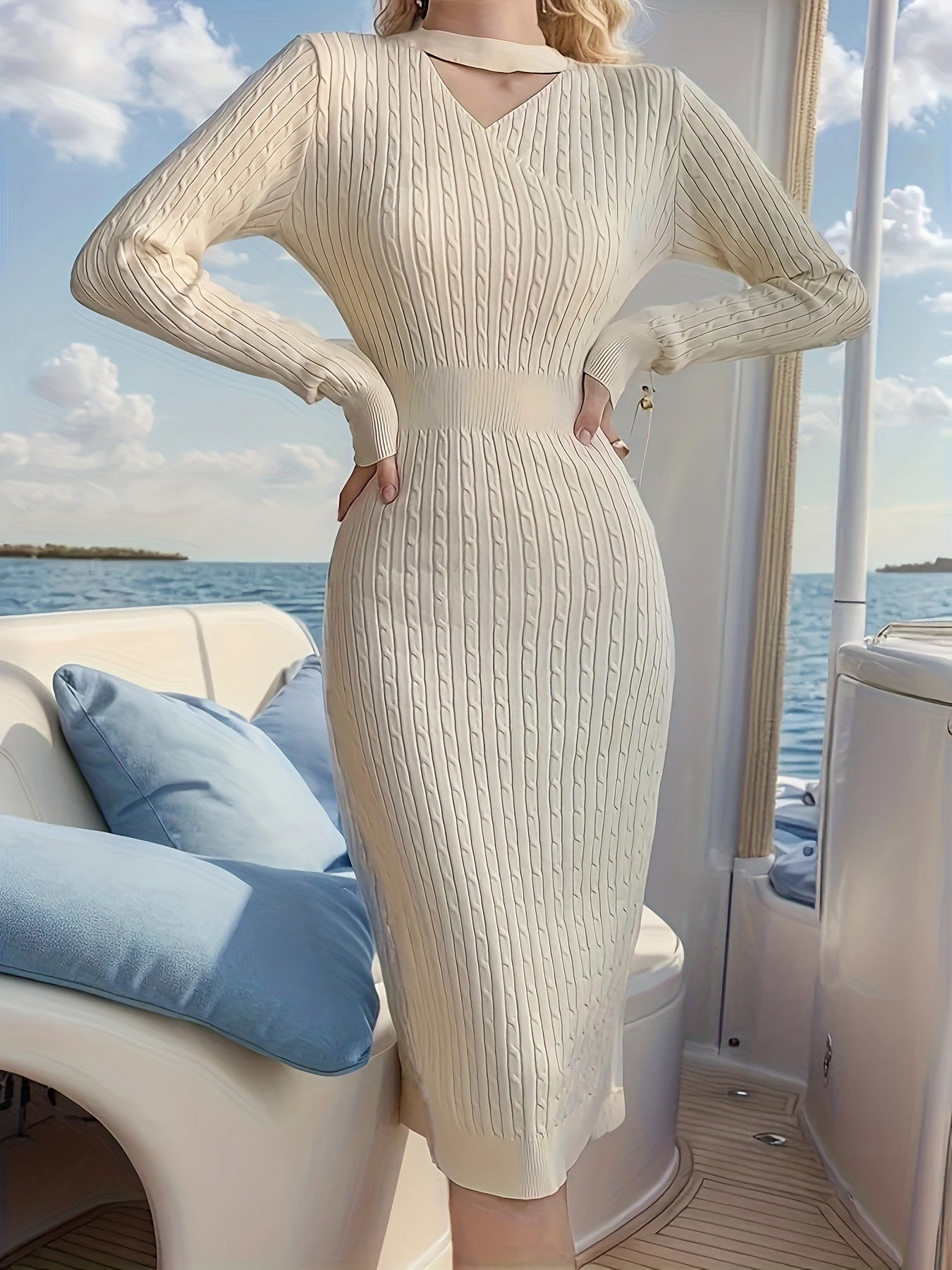 Antmvs Keyhole Sweater Dress, Elegant Long Sleeve Split Bodycon Dress, Women's Clothing