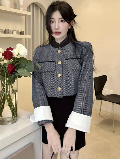 Antmvs Contrast Trim Single Breasted Jacket, Elegant Long Sleeve Stand Collar Outwear For Fall & Winter, Women's Clothing