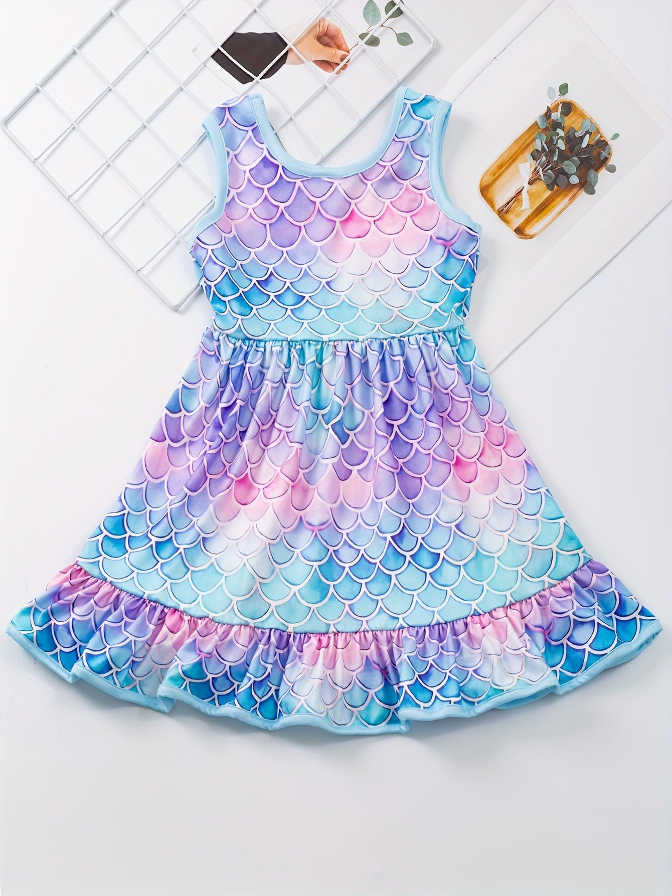 Girls' Summer Delight: Durable & Stretchy Fish Scale Gradient Dress with Ruffle Hem - Perfect for Parties & Holidays