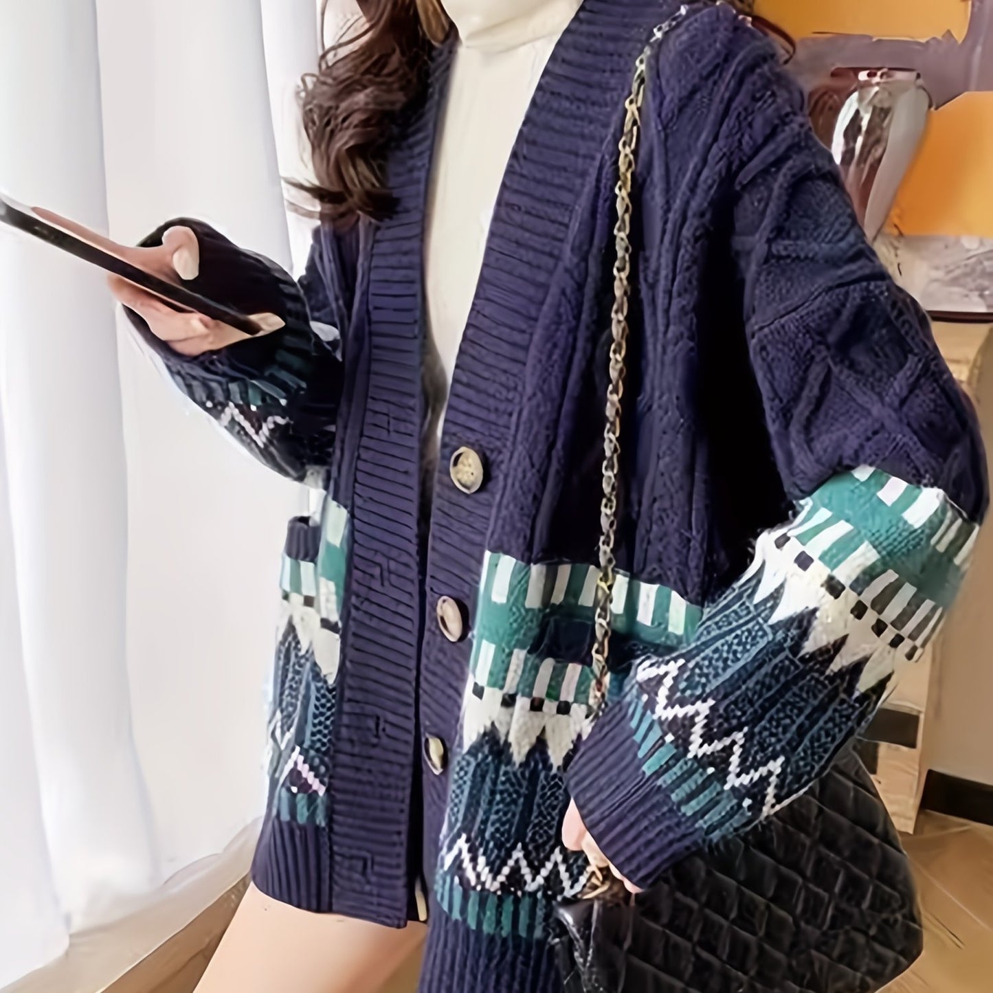 Antmvs Geo Pattern Button Down Knit Cardigan, Elegant Long Sleeve Loose Sweater With Pocket, Women's Clothing