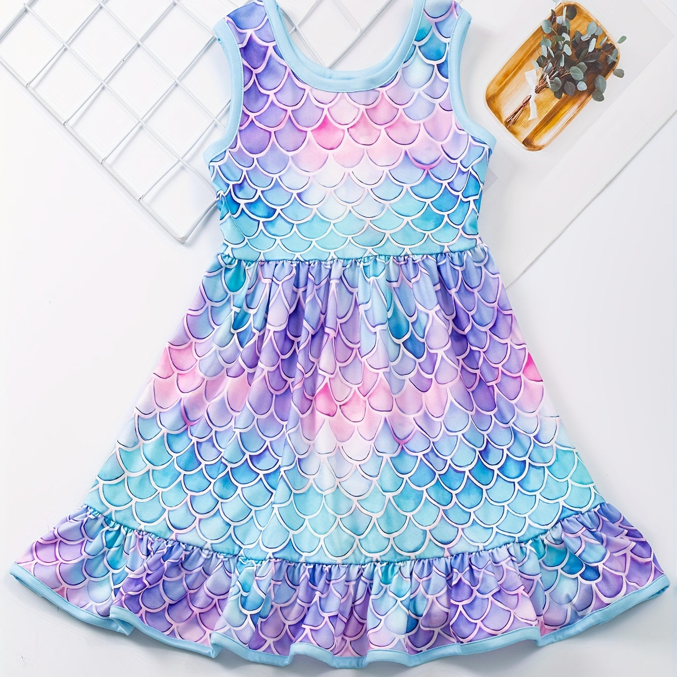 Girls' Summer Delight: Durable & Stretchy Fish Scale Gradient Dress with Ruffle Hem - Perfect for Parties & Holidays