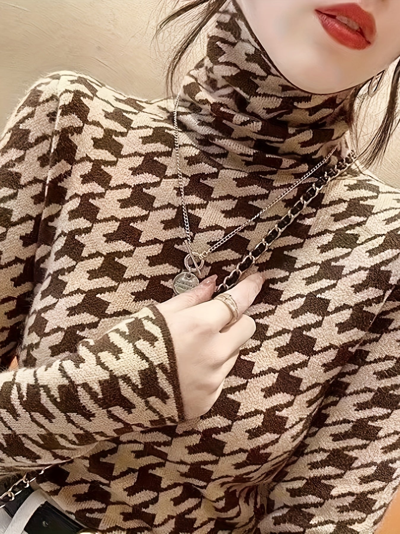 Antmvs Houndstooth Pattern Turtle Neck Pullover Sweater, Elegant Long Sleeve Slim Versatile Sweater, Women's Clothing