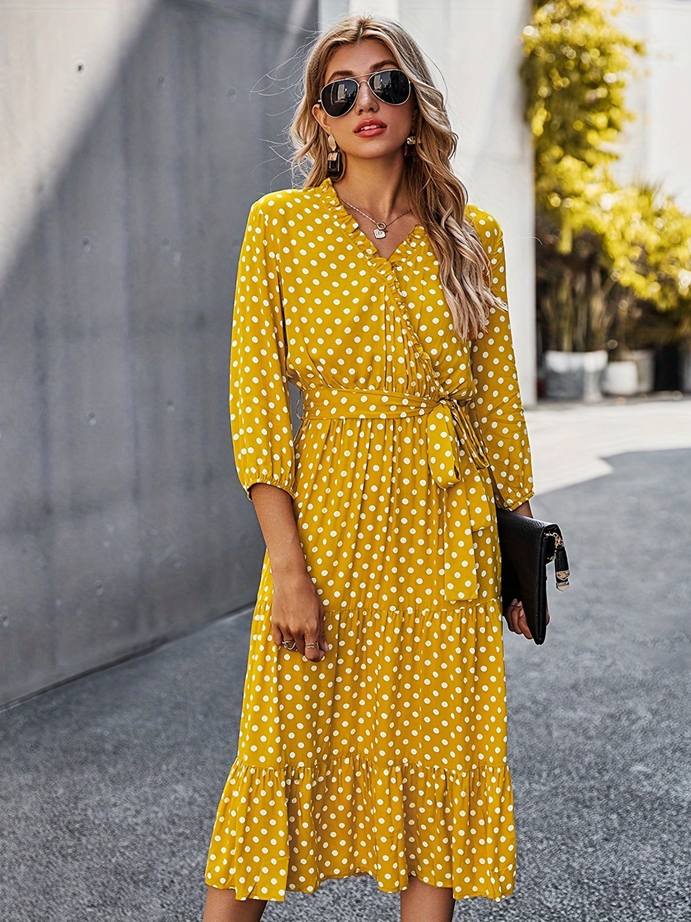 Antmvs Polka Dot Print 3/4 Sleeve Dress, Elegant Wrap Neck Midi Dress, Women's Clothing