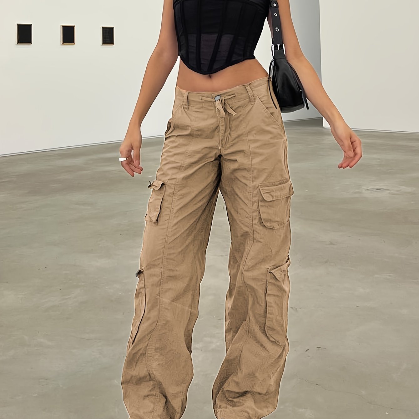 Antmvs Solid Color Flap Pockets Cargo Pants, Y2K Solid Color Loose Drawstring Pants, Women's Clothing