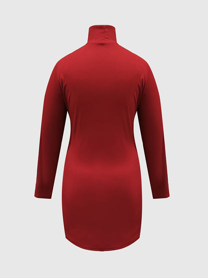 Antmvs Plus Size Sexy Dress, Women's Plus Solid Long Sleeve Mock Neck Slight Stretch Bodycon Dress
