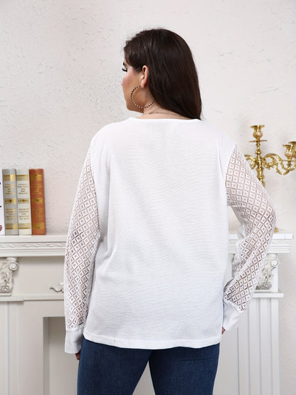 Antmvs Plus Size Casual Knit Top, Women's Plus Solid Contrast Lace V Neck Button Decor Long Sleeve Slight Stretch Sweater