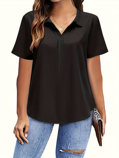 Chic Plus Size Solid Collared Blouse - Lightweight & Breathable, Short Sleeve, Perfect for Spring & Summer - Fashionable Womens Plus Clothing for Casual or Formal Wear