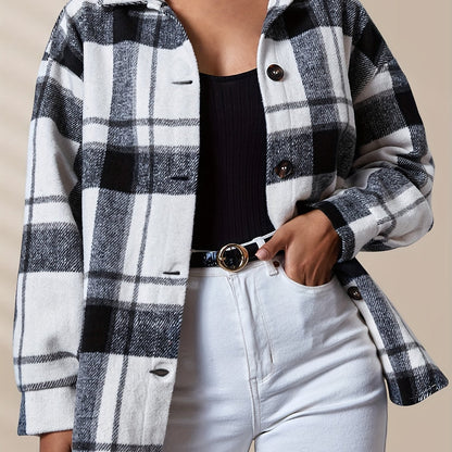 Antmvs Plaid Print Button Front Jacket, Casual Long Sleeve Jacket For Fall & Winter, Women's Clothing