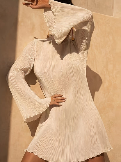 Antmvs Lettuce Trim Textured Dress, Elegant Solid Flared Sleeve Dress, Women's Clothing
