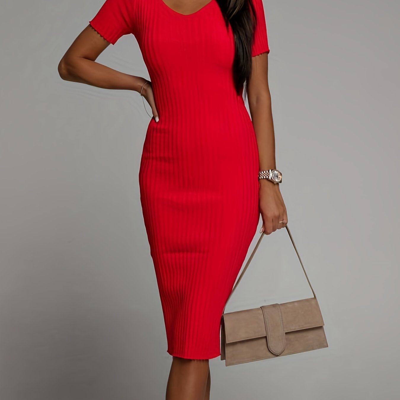 Antmvs Solid Ribbed Dress, Elegant V Neck Short Sleeve Slim Dress, Women's Clothing