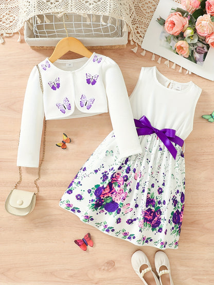 2pcs Little Girl Butterfly Dresses Outfit Floral Tank Dress And Graphic Cardigan Top Set, For Cute And Casual Look, Kids Clothing Gift