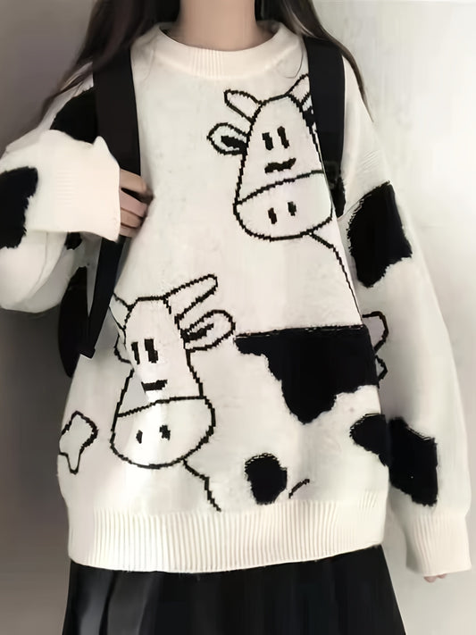 Antmvs Cute Cow Pattern Pullover Sweater, Preppy Long Sleeve Oversized Sweater, Women's Clothing