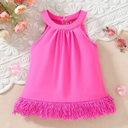 Girls Stylish Solid Halter Neck Dress With Fringe Trim