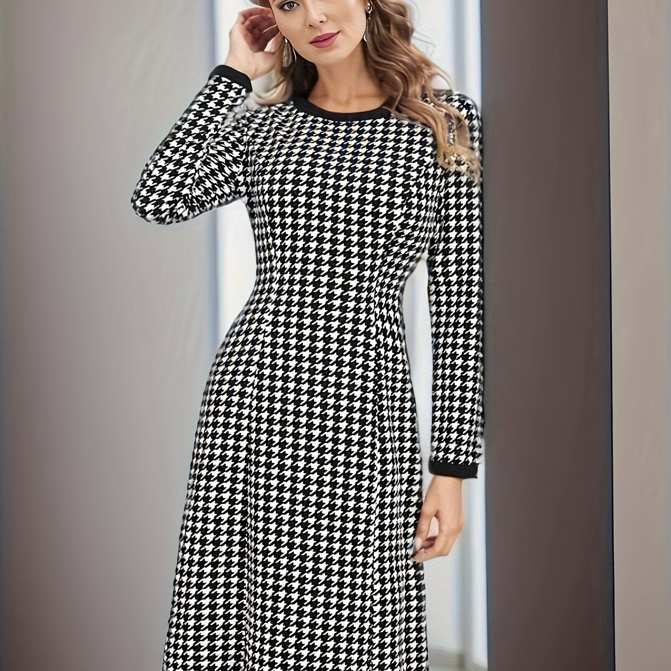 Antmvs Houndstooth Pattern Contrast Trim Dress, Elegant Long Sleeve Crew Neck Dress, Women's Clothing