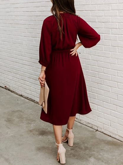 Antmvs Long Sleeve Tie Waist Midi Dress, Solid Casual Dress For Spring & Fall, Women's Clothing