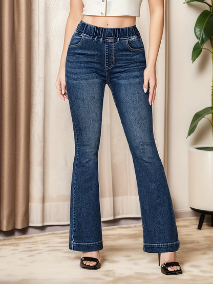Antmvs Elastic Waist Washed Bootcut Jeans, High Stretch High Waist Casual Denim Pants, Women's Denim Jeans & Clothing