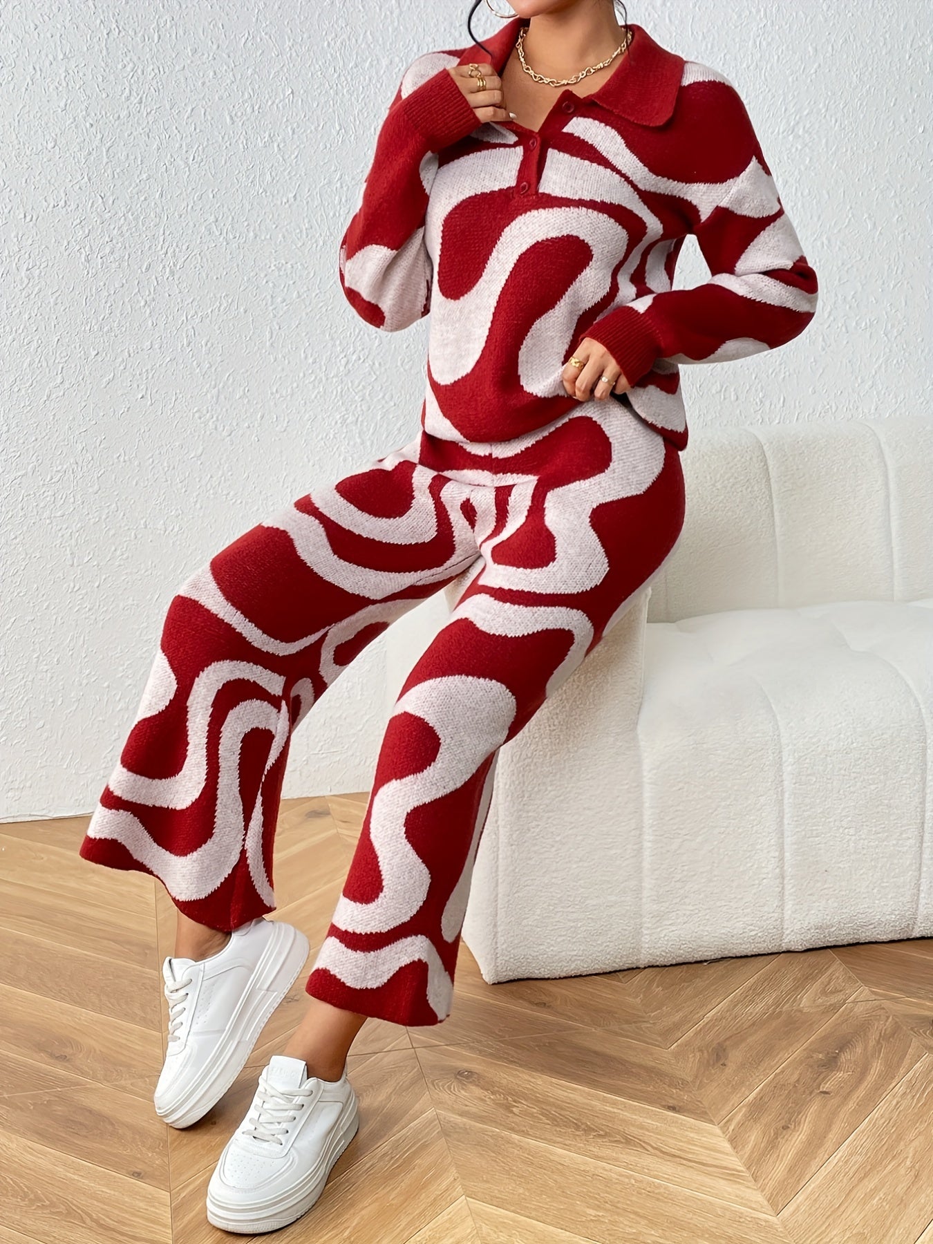 Antmvs All Over Pattern Knitted Two-piece Set, Collared Long Sleeve Top & Loose Pants Outfits, Women's Clothing