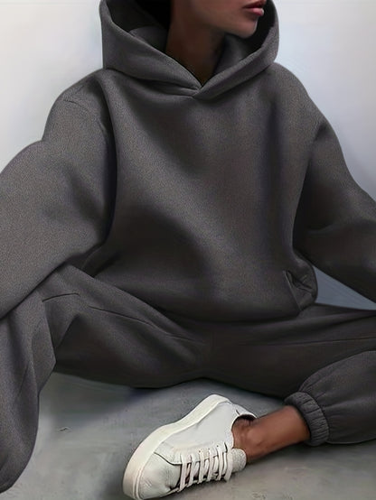 Antmvs Casual Solid Two-piece Set, Drop Shoulder Long Sleeve Hoodies & Elastic Waist Jogger Pants Outfits, Women's Clothing